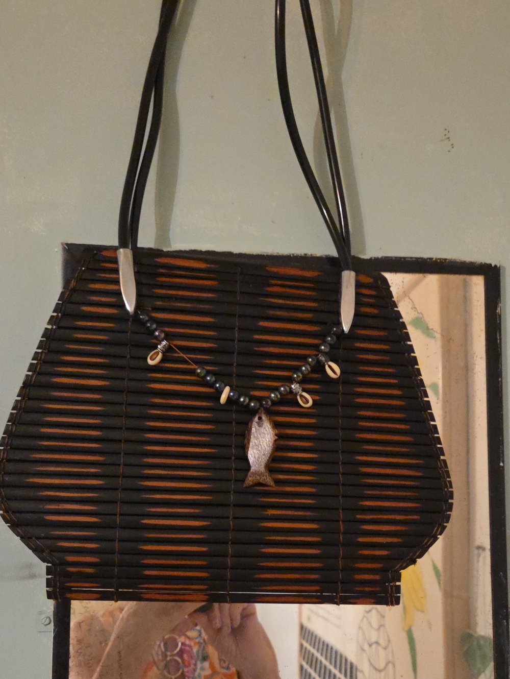 BAMBOO Black and Brown Bamboo Shoulder Bag with Fish Charm